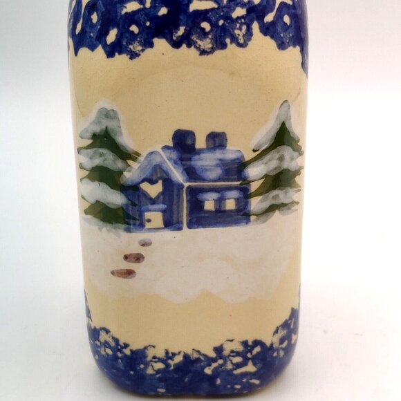Alpine Pottery Ohio 1995 Blue Snow Cottage Hand Painted Winter Decor Set - Picture 5 of 11